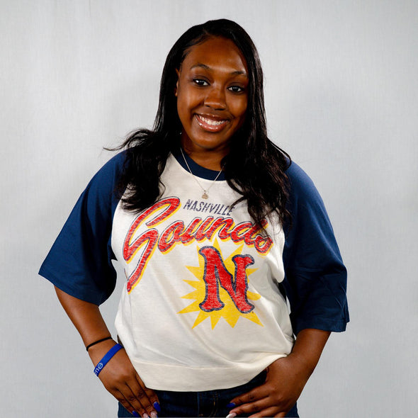 Nashville Sounds '47 Brand Women's Sandstone Atlas Blue Flare Raglan Crop Tee